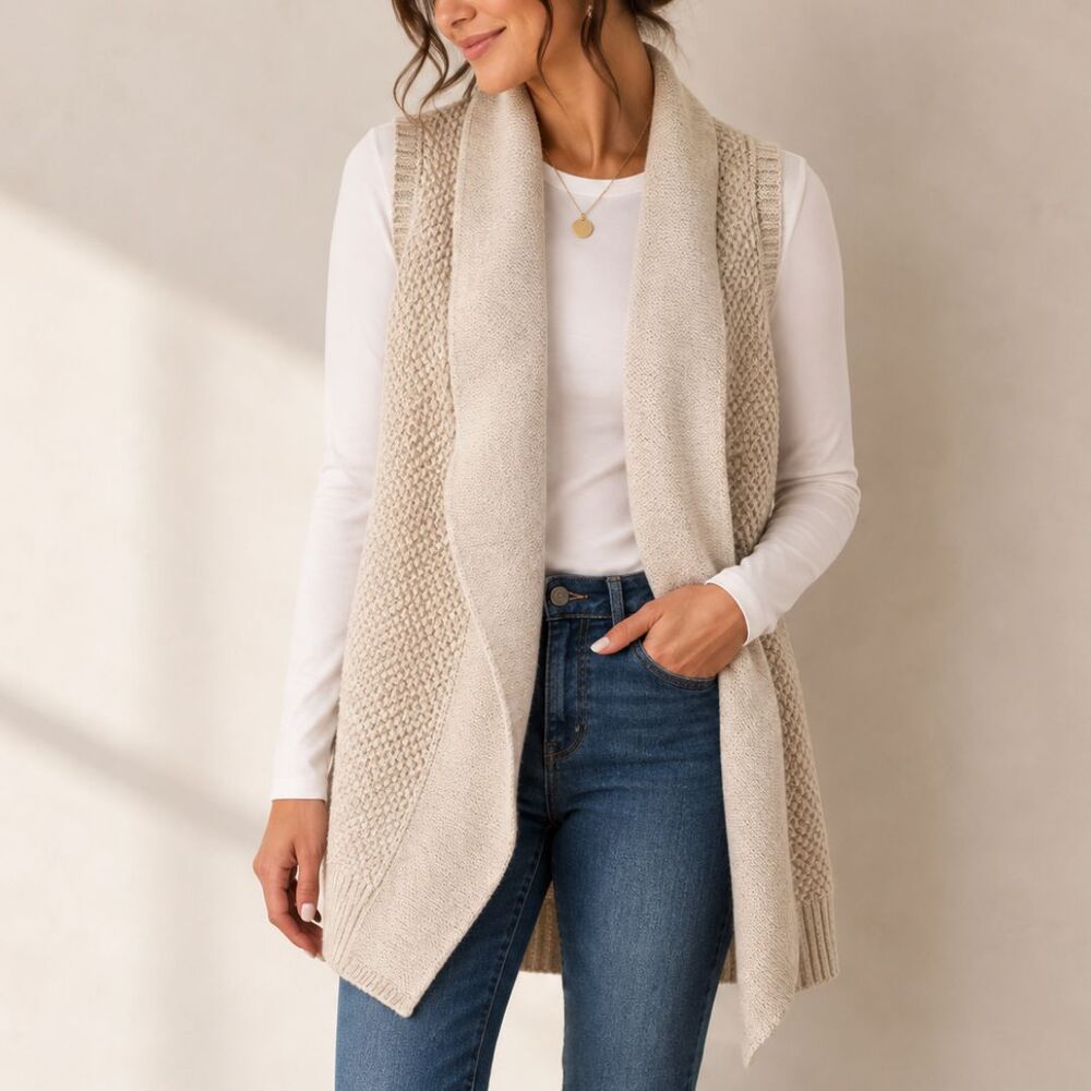 GAP Sweater Vest M Beige Tan Open Front Draped Collar Textured Knit Longline